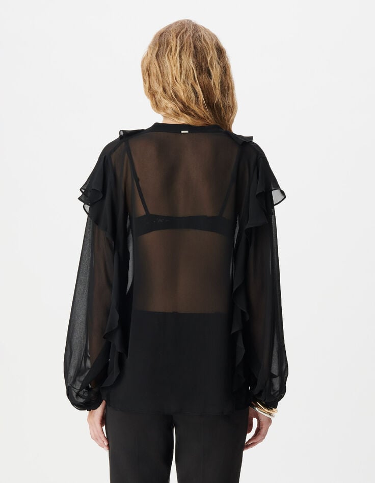 Blouse noire fluide &agrave; jabot et volants Femme-3