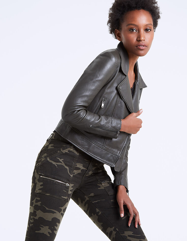 Blouson kaki en cuir d'agneau détails zips femme-1