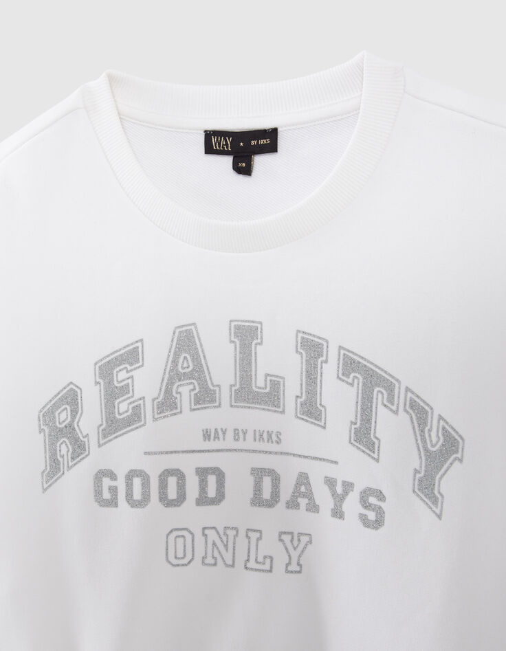 Girls' off-white sweatshirt with silver glitter slogan-2