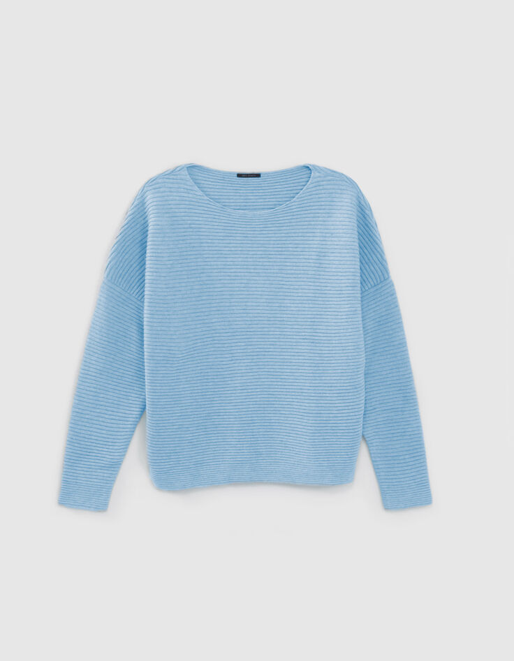 Pull bleu tricot côtelé  col bateau Femme-5