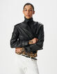 Veste cuir noir bavolet et poche biais Femme-1