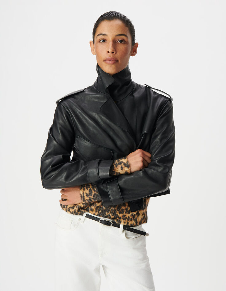 Veste cuir noir bavolet et poche biais Femme-1