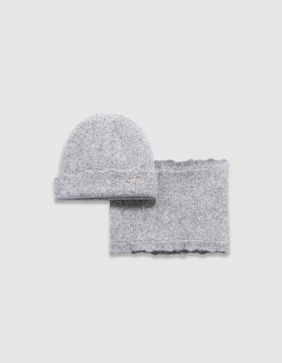 Girls’ grey marl lurex knit beanie and snood set - IKKS