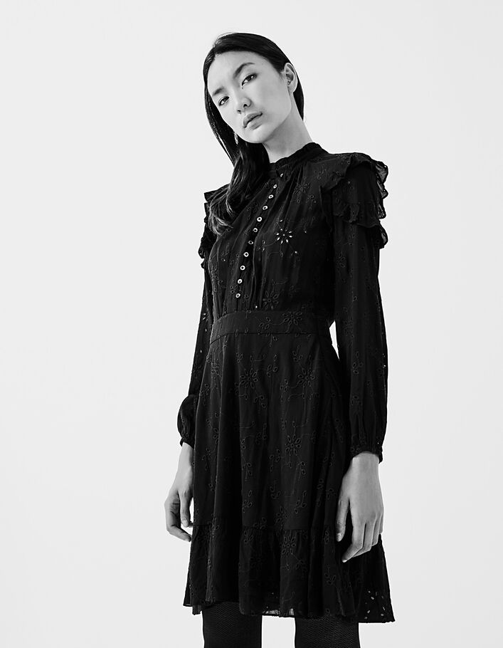 Black eyelet embroidery and viscose fitted dress-3