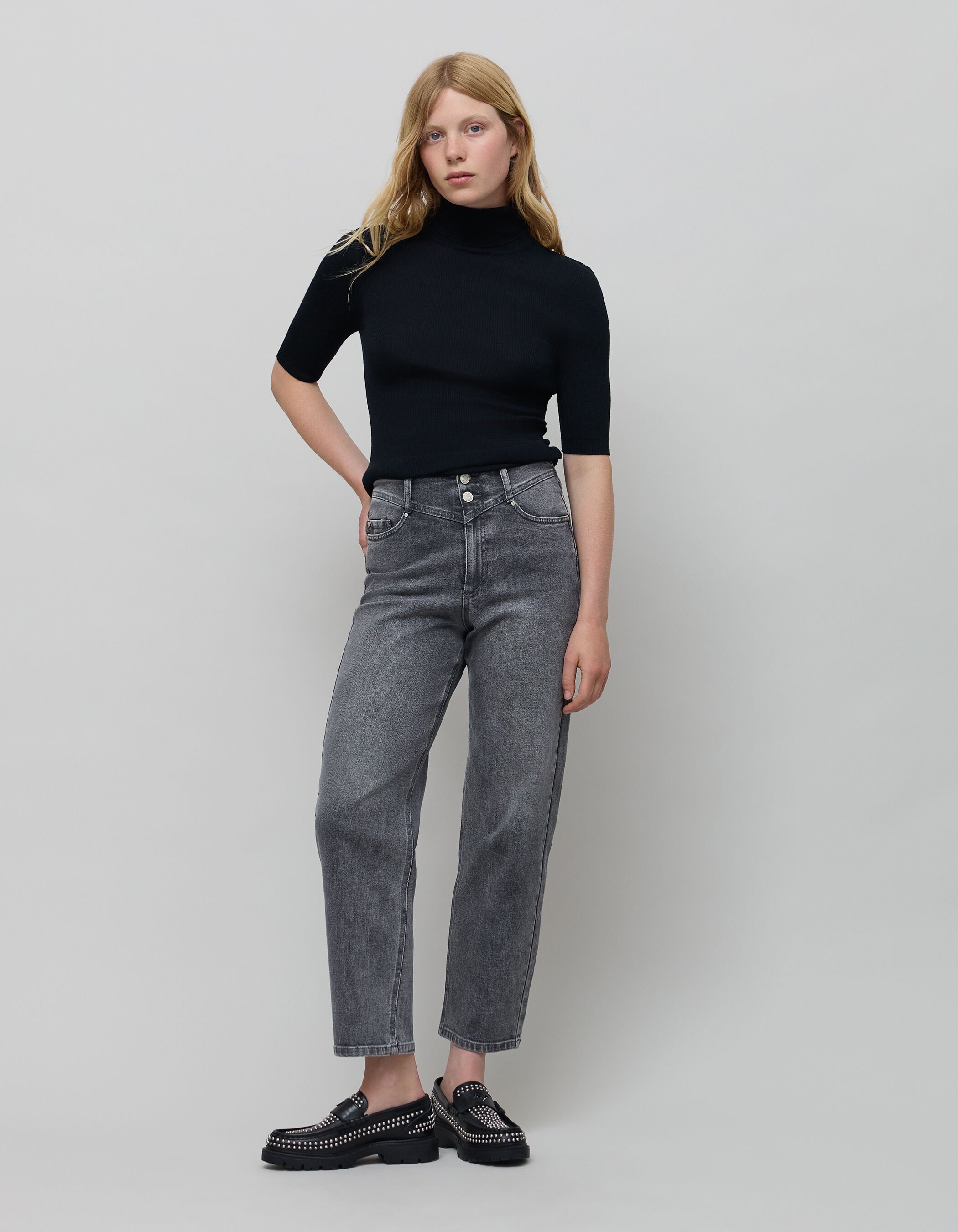 Jean slouchy en coton BCI gris longueur cropped femme IKKS