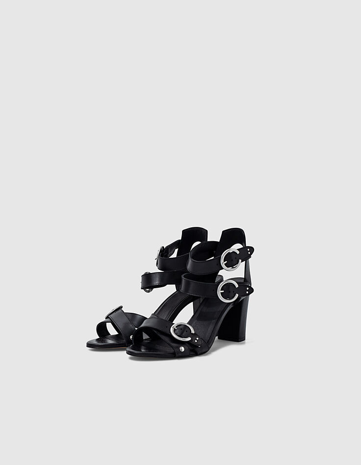 Sandales à talons en cuir noir et boucles femme-1