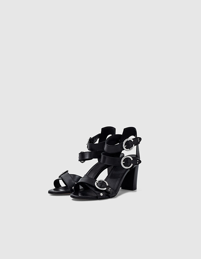 Women’s black leather heeled sandals with buckles - IKKS