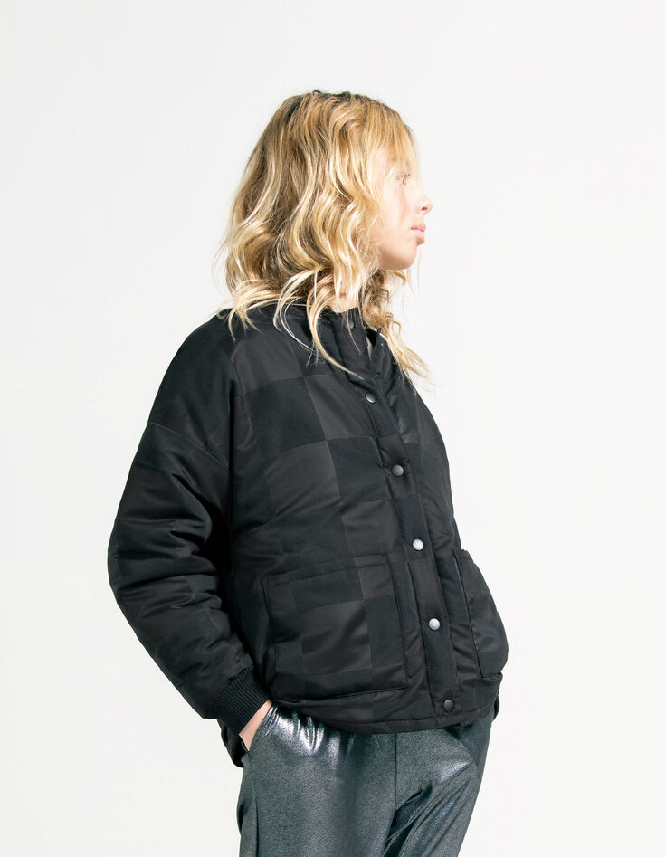 Schwarze Mädchen-Steppjacke, Ton-in-Ton-Schachbrettmuster-7