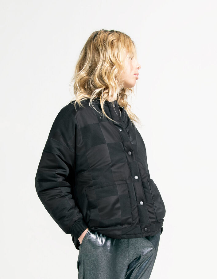 Girls' black padded jacket with tone-on-tone checkerboard - IKKS