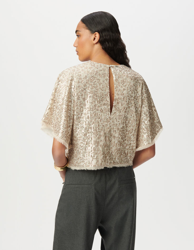 Beige top geborduurde gouden lovertjes vlindermouwen Dames-5