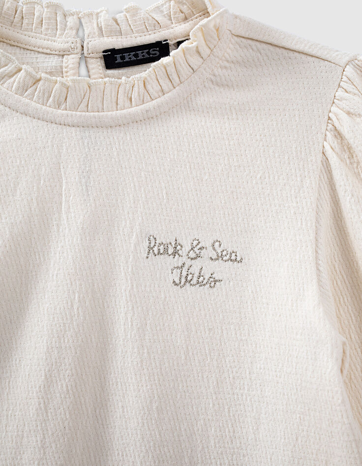 Girls’ ecru waffle T-shirt, pleated collar and cuffs-3