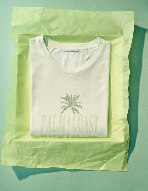 Women's green visual tee with palm trees and glitter message - IKKS