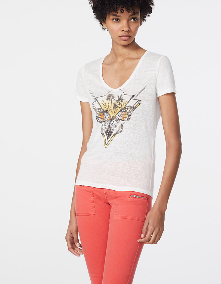 Tee-shirt en lin blanc visuel palmiers et papillon femme-2