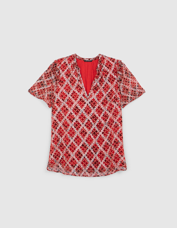 Blusa holgada de mujer en voile estampado entramado rojo-6