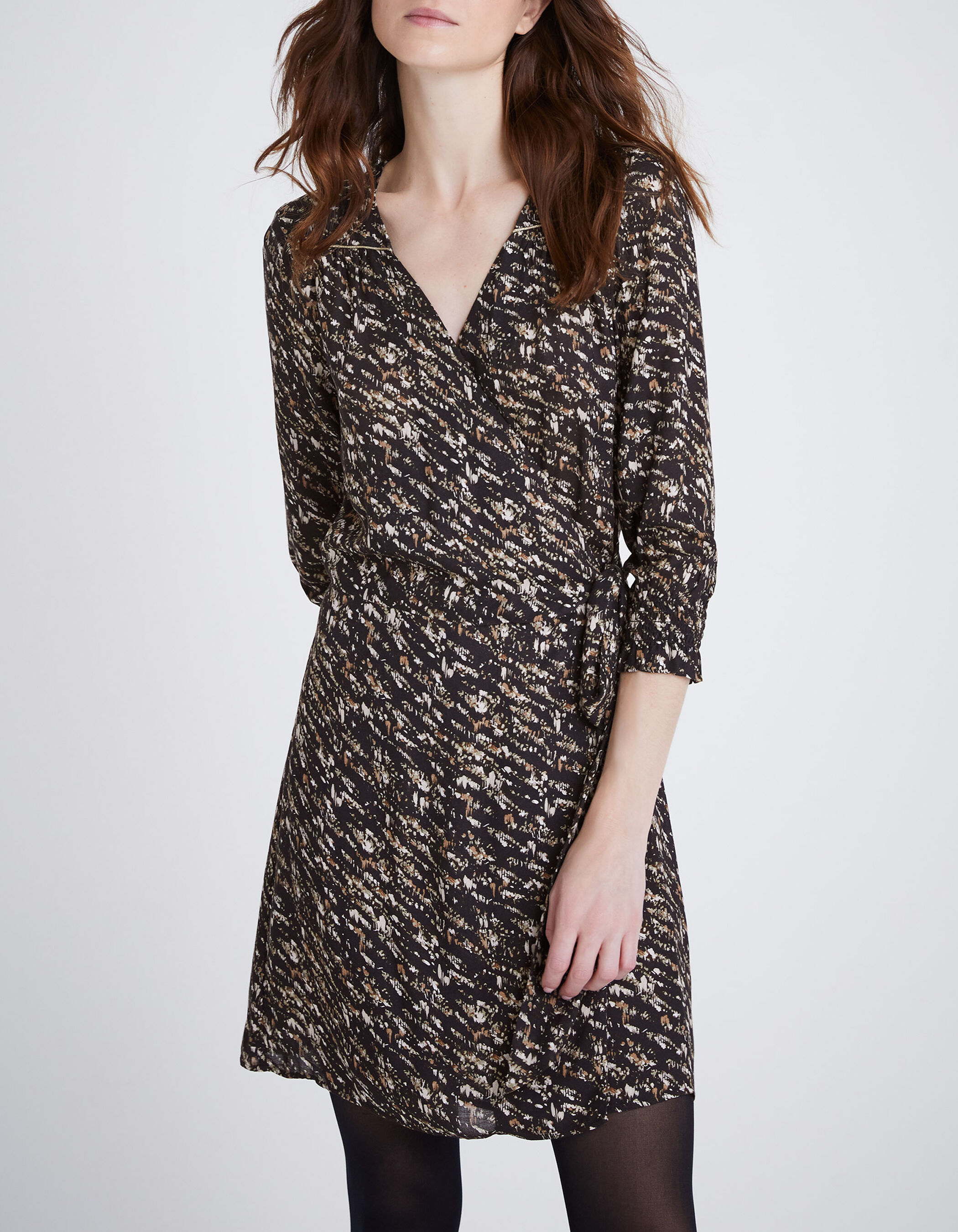 Robe portefeuille noire imprime fusain Femme