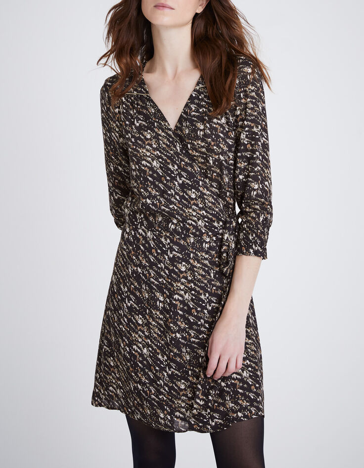 Robe portefeuille noire imprimé fusain Femme-2