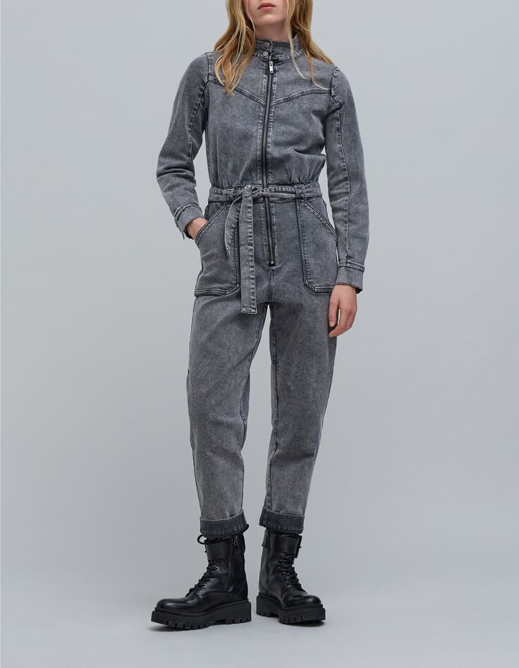 Mono vaquero gris con cremallera para mujer-1