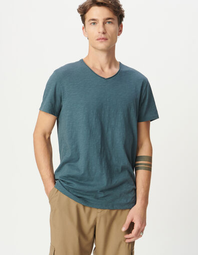 Camiseta cuello V azul gris&aacute;ceo algod&oacute;n flameado hombre - IKKS