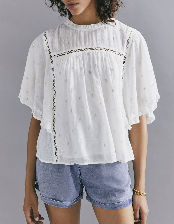Ecru loose top inzet kant en fronsels dames-1