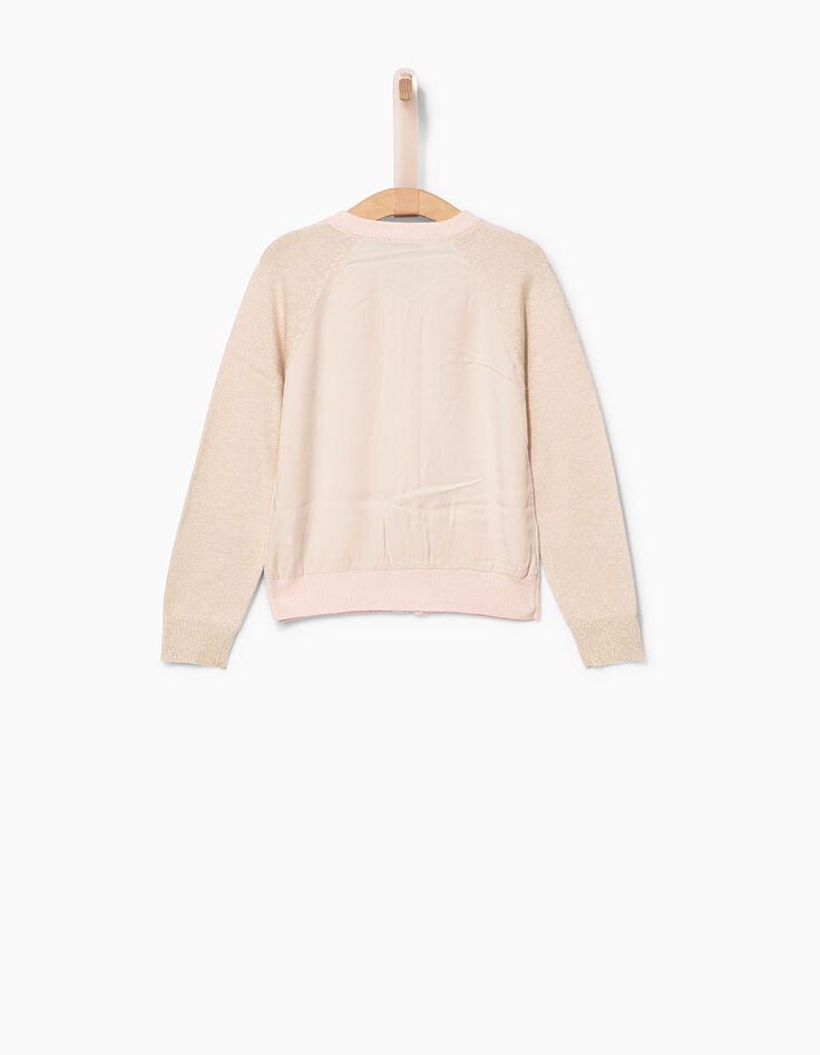 Cardigan rose poudré bi matière et pailleté fille-3