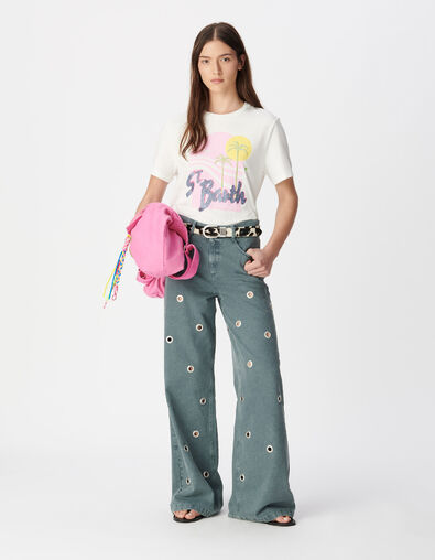 Camiseta blanca algod&oacute;n org&aacute;nico visual palmeras y sol Mujer - IKKS