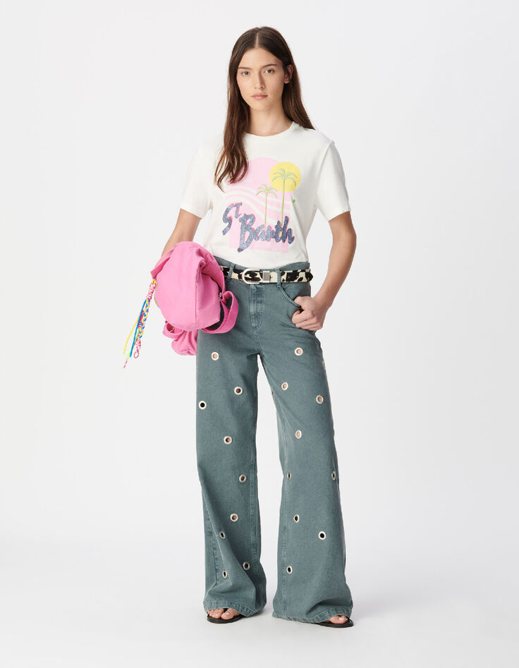 Camiseta blanca algod&oacute;n org&aacute;nico visual palmeras y sol Mujer-1