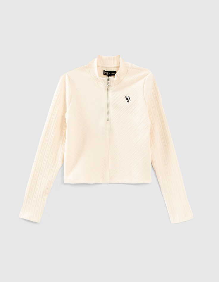 Cremewei&szlig;es Crop-M&auml;dchenshirt aus Rippstrick-1
