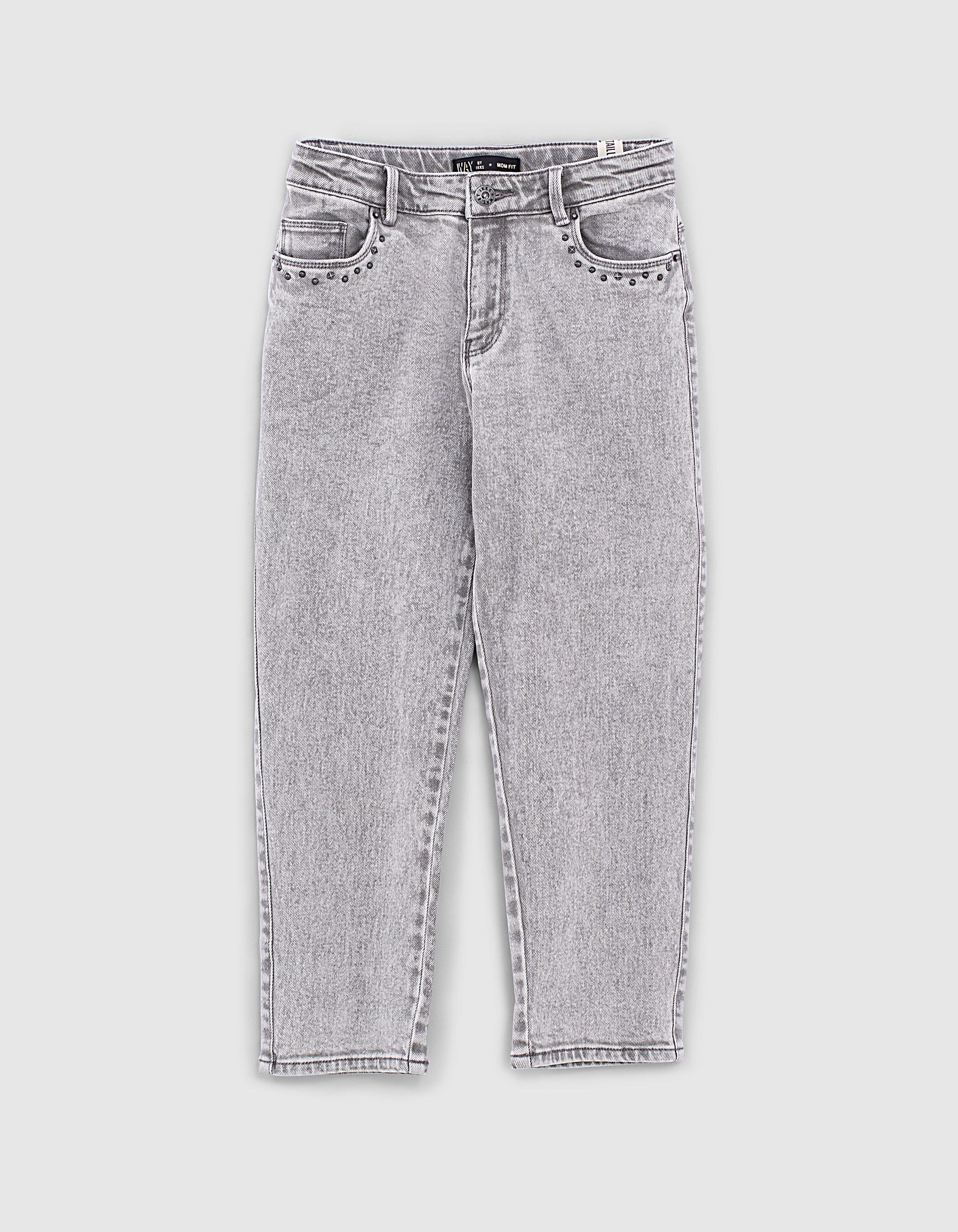 Girls light grey studded organic mom jeans