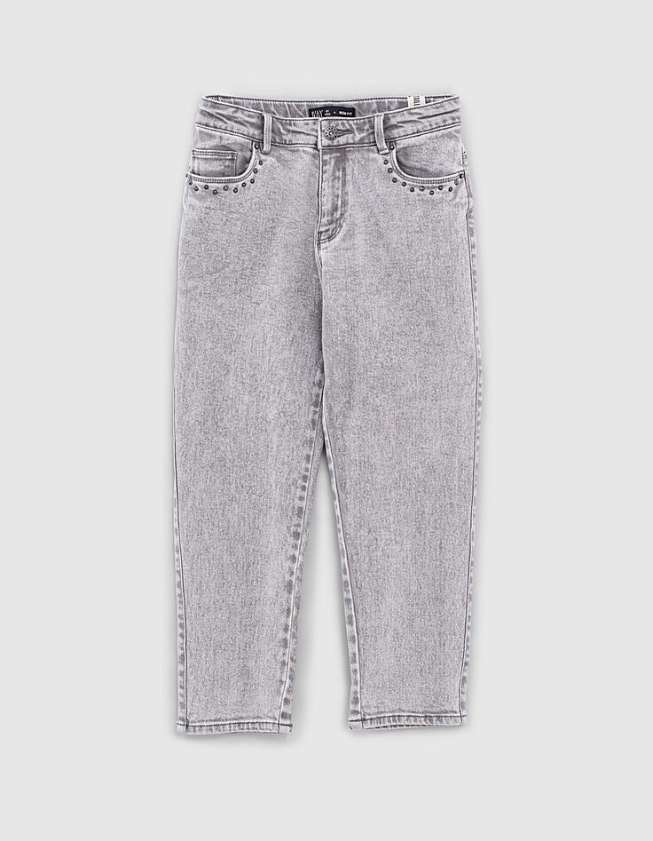 Girls’ light grey studded organic mom jeans-1