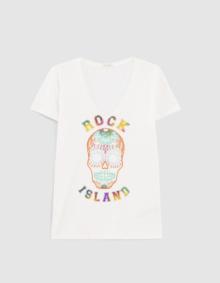 Tee-shirt blanc visuel tête de mort métalisé et broderies femme-6 Tee-shirt blanc visuel tête de mort métalisé et broderies femme-6