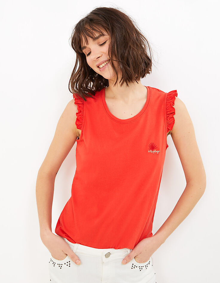Rotes T-Shirt mit A la plage-Stickerei und Spitze I.Code-5 Rotes T-Shirt mit A la plage-Stickerei und Spitze I.Code-5