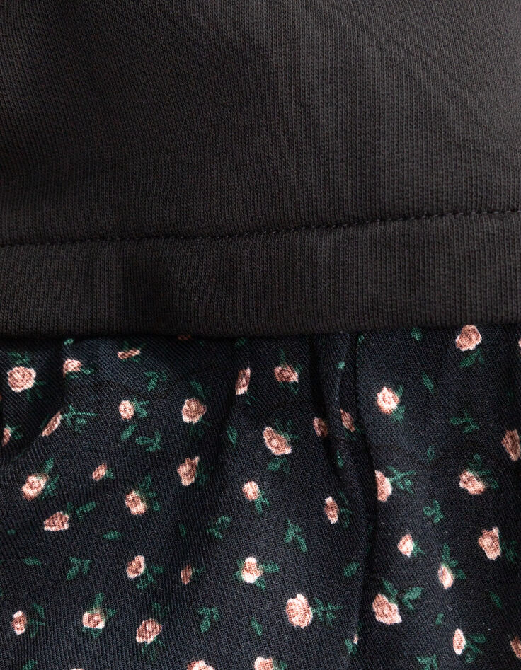 Zwarte sweatjurk twee materialen bloemenprint meisjes-8