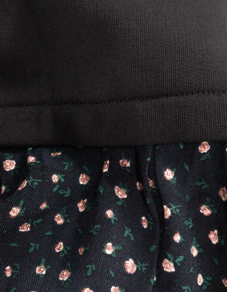 Girls’ black mixed fabric sweatshirt dress, flower print-8 Girls’ black mixed fabric sweatshirt dress, flower print-8