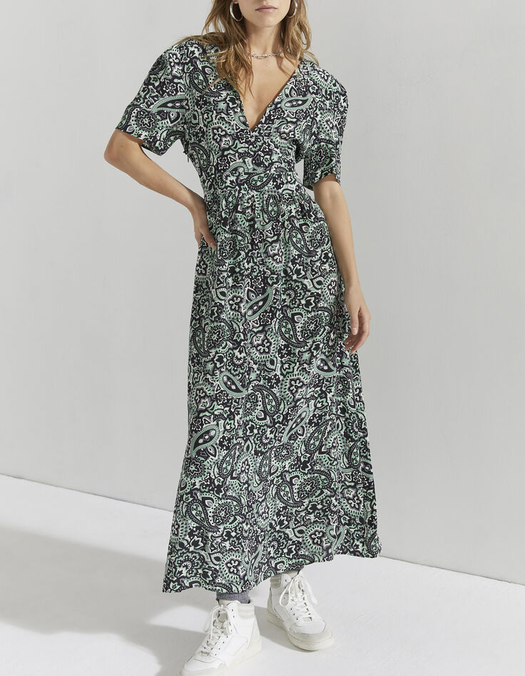 Robe longue en viscose imprimé cachemire vert femme-1
