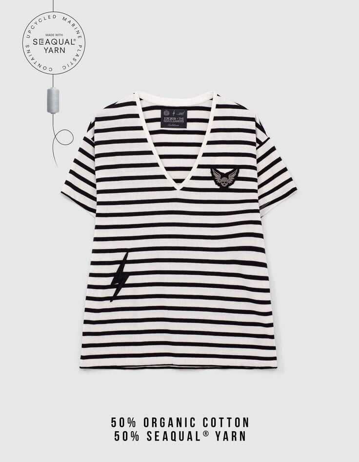 Women’s ecru sailor stripe T-shirt, black stripes & badges-2