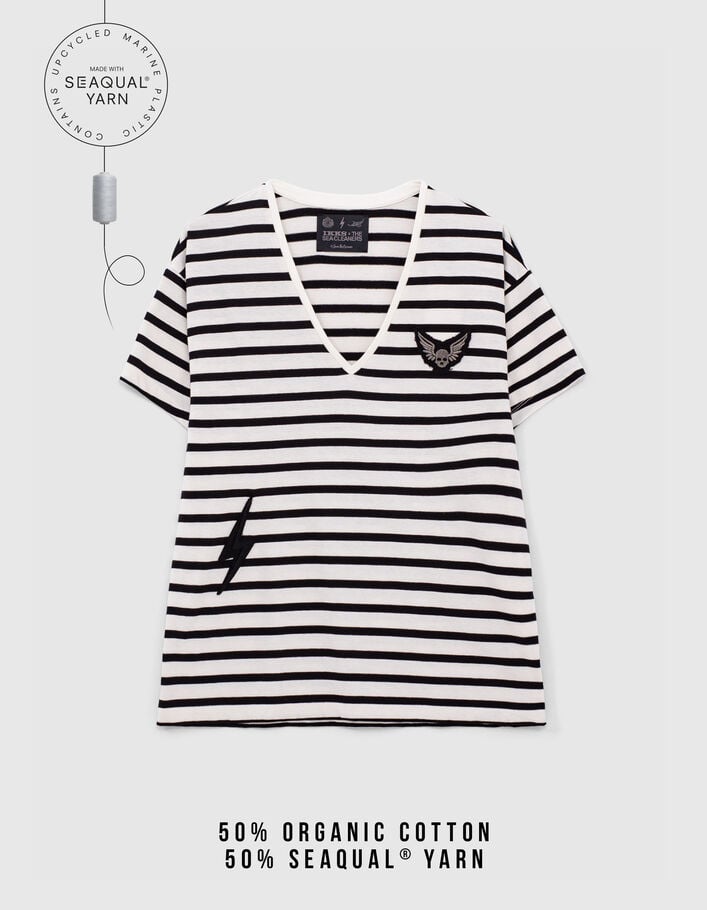 Women’s ecru sailor stripe T-shirt, black stripes & badges-2