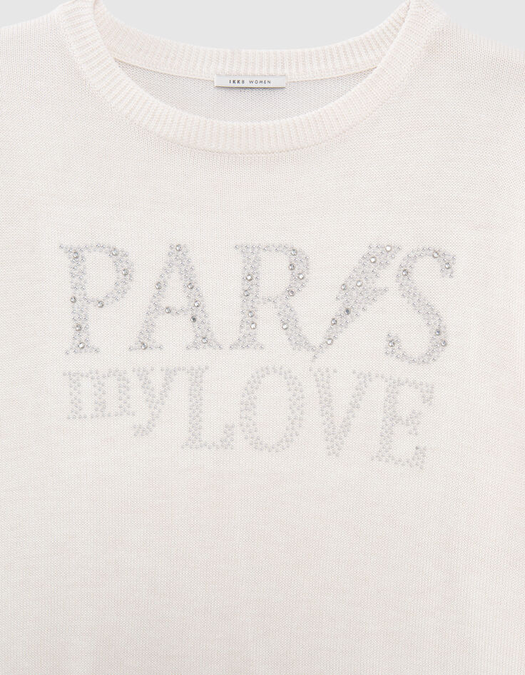 Pull blanc cass&eacute; tricot message strass Femme-6