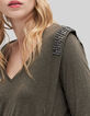 Dames-T-shirt met V-hals en strassteentjes in kaki viscose-4