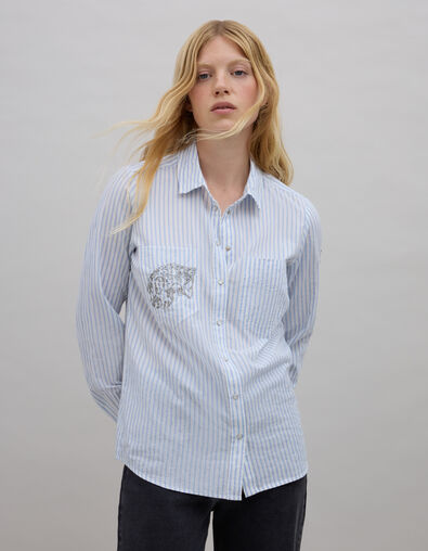 Camisa azul rayas bordados metalizados - IKKS