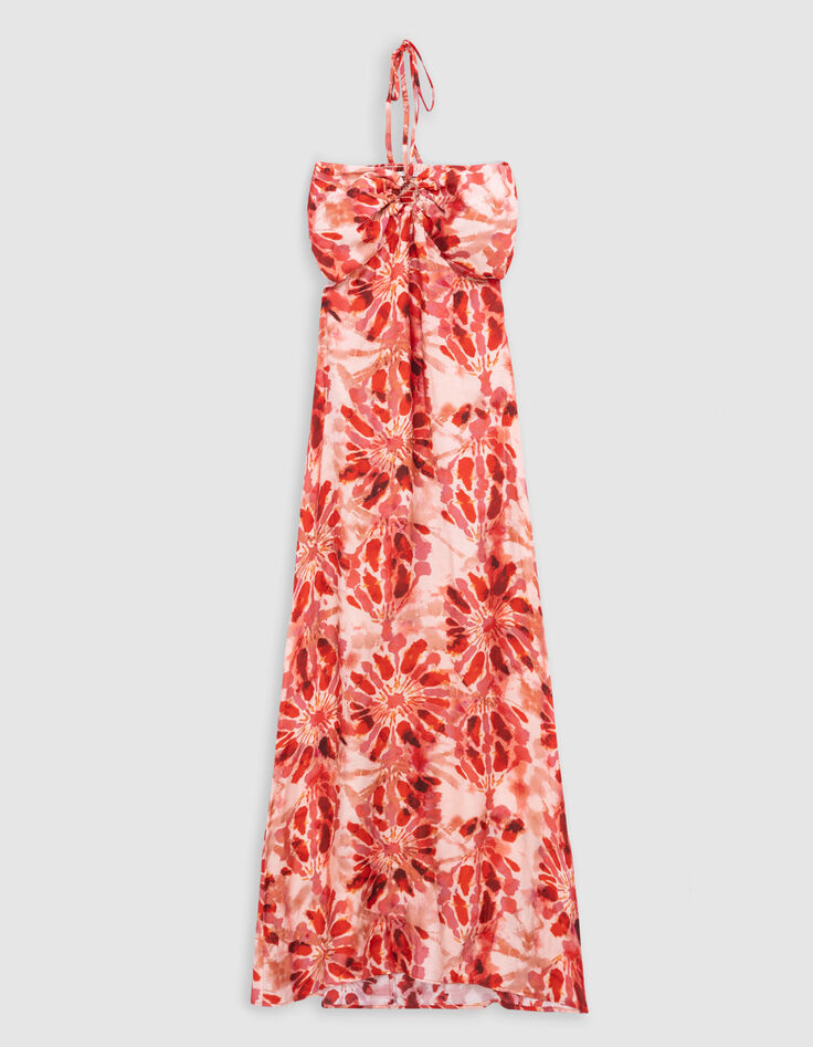 Robe longue rouge imprimé batik dos ouvert Femme-8