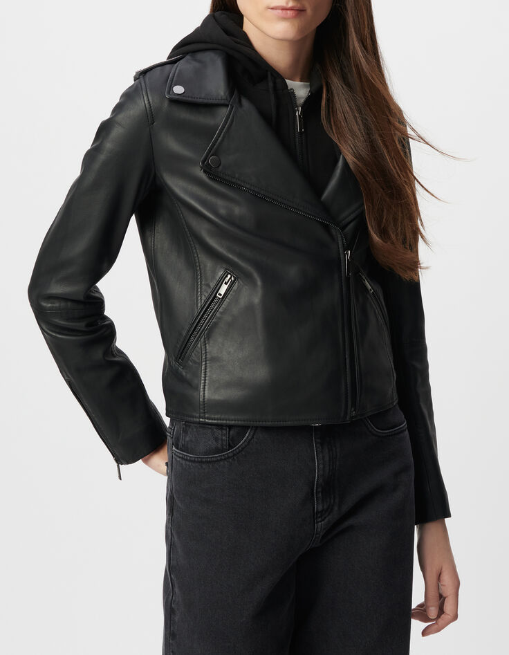 Zwart leren bikerjack met afneembare capuchon Dames-3