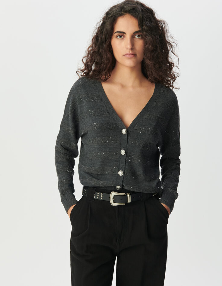 Women’s grey knit striped sequin-embroidered cardigan-3