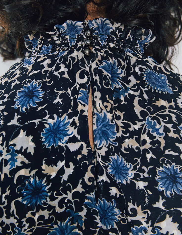 Women’s blue flower print dotted Swiss voile short dress-3