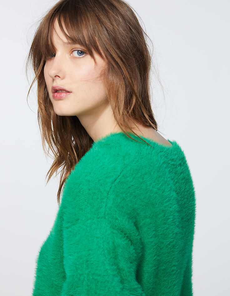Pull fantaisie fil poilu vert électrique femme-6