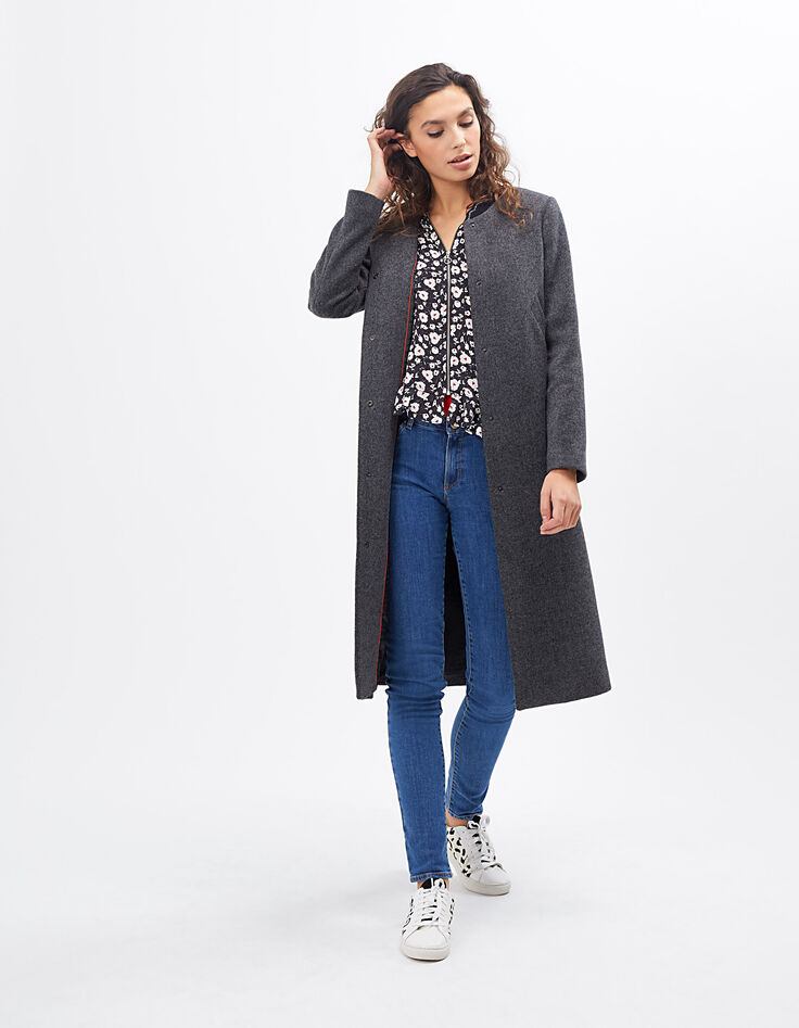 I.Code grey anthracite marl long coat with rib trim collar-5