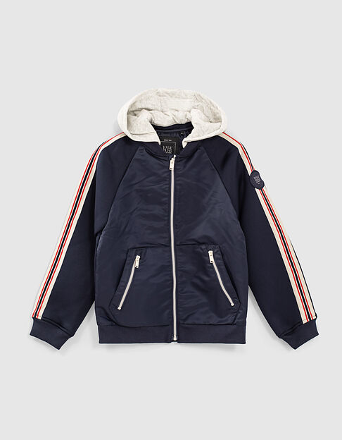 Marineblaue College-Jungenjacke mit Streifenbändern 