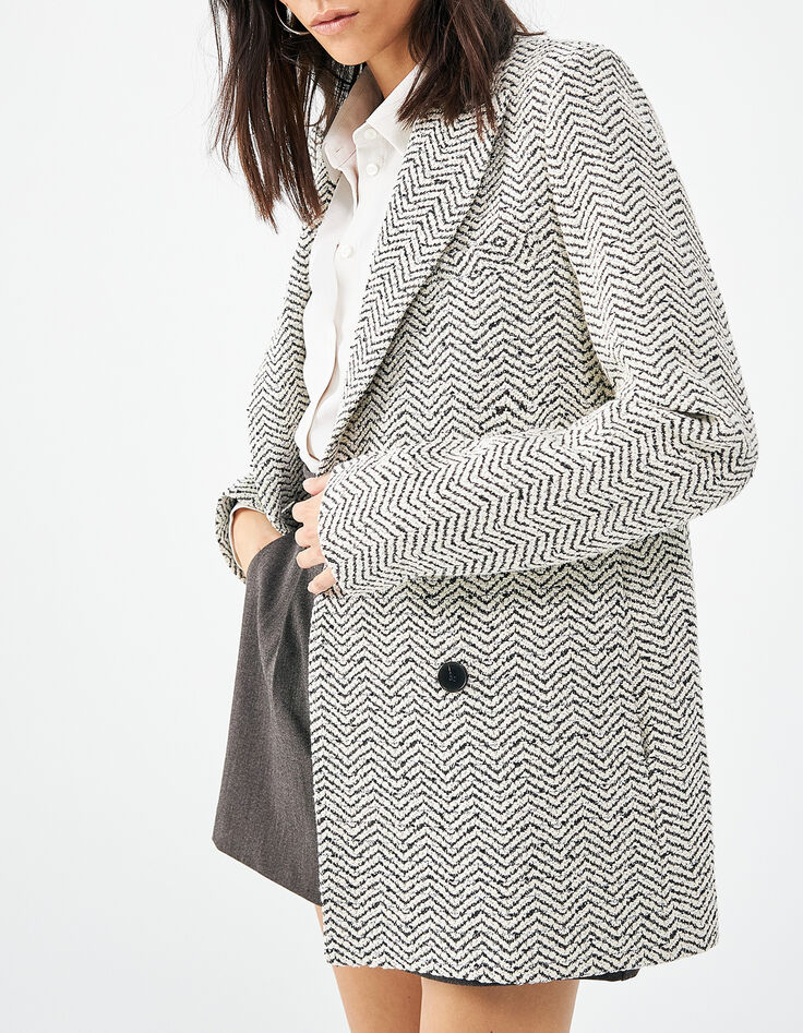 Manteau imprimé chevron en coton double boutonnage femme-3