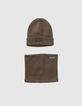 Kaki gebreide muts en snood rubbermarkering jongens-1