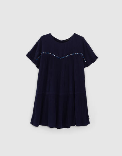 Marineblaues Mädchenkleid aus Krepp mit Atebas-Stickerei - IKKS