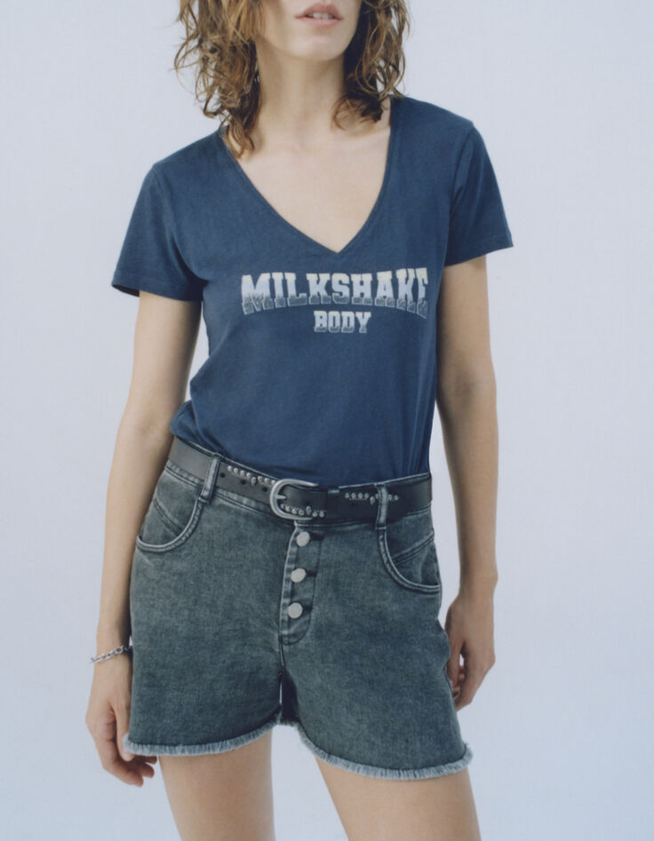 Camiseta azul marino mensaje deep dye mujer-5